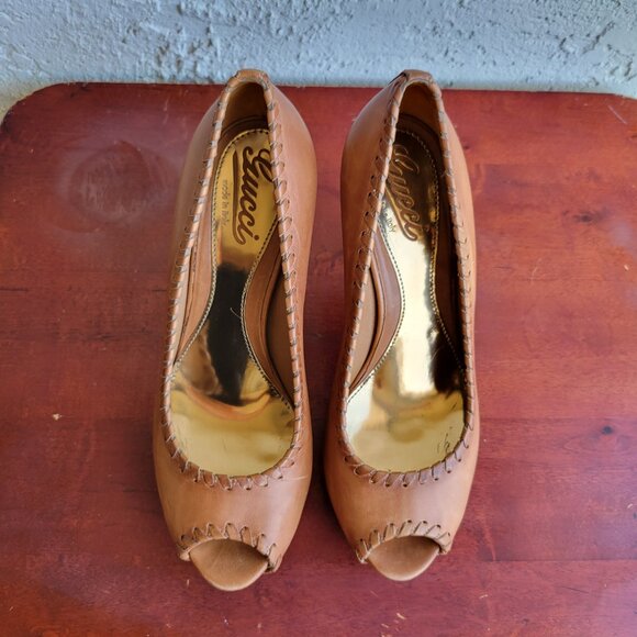 Gucci Brown Leather Whipstitch Peep-Toe Platform Pumps Size EU 37.5 (US 7-7.5) - Picture 11 of 13